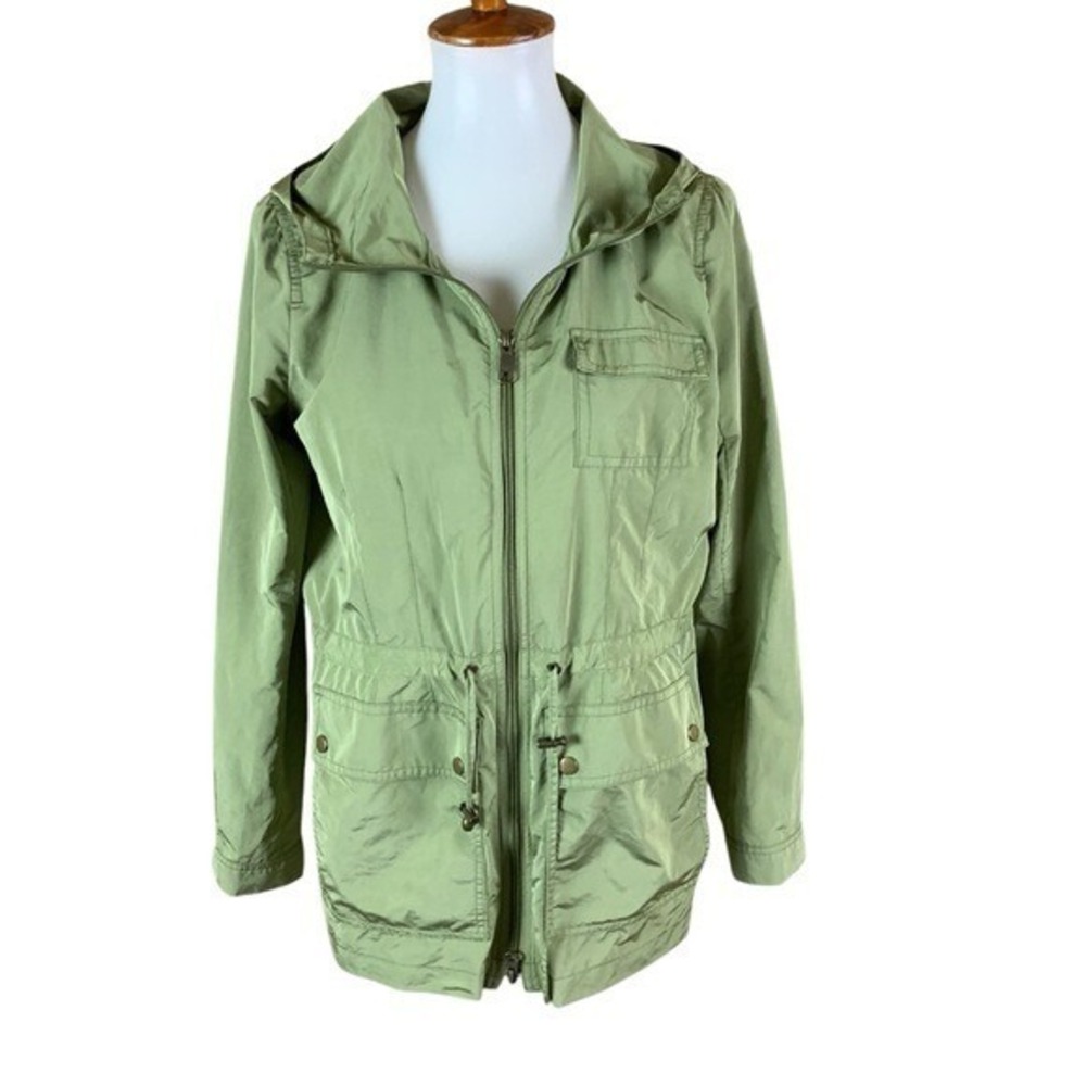 J Jill Green Utility Jacket Hooded Zip Up Drawstring Waist Lightweight Casual XS